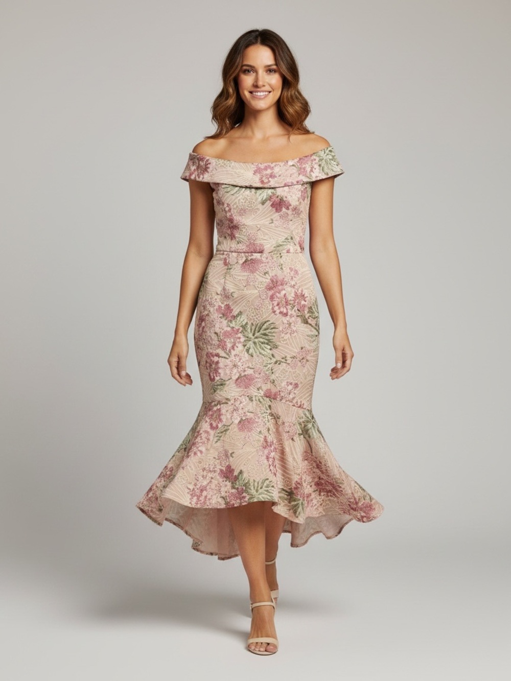 XSCAPE Sequin Embroidered Off the Shoulder Midi Knee Length Floral Dress,10, NWT
